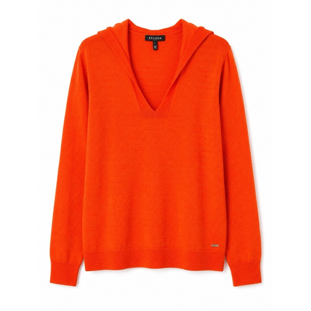 Escada Sweater L Orange 100% Wool Hooded Quiet Luxury Old Money Lightweight